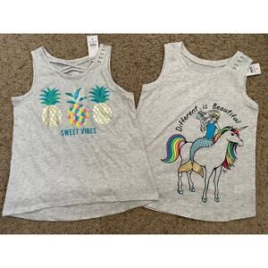 Lot Of 2 Justice Mermaid Unicorn Pineapple Sequin Sleeveless Tank Tops Size 6/7